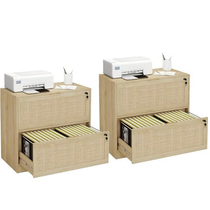 HOPUBUY 2 Drawer File Cabinet with Lock, Printer Stand Lateral | Home Office and School, Wood Rattan Filing Cabinet for Hanging Files/Letter/Legal/A4/F4 Size, Natural, 2Drawer, Set of 2 - color: Natural, size: Set2