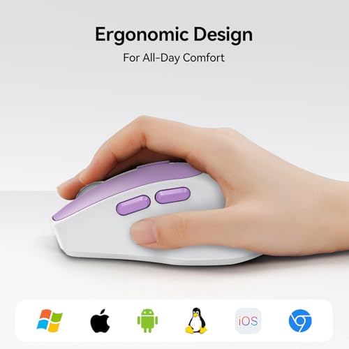 TECKNET Wireless Mouse, BT 5.0/2.4G, Rechargeable Silent 6 Buttons | 3-Device Easy Switch, Bluetooth 5.0/3.0 & USB A, Wide OS Compatible, 6-DPI up to 4800, Ergonomic for M/L Hands - color: Purple and White