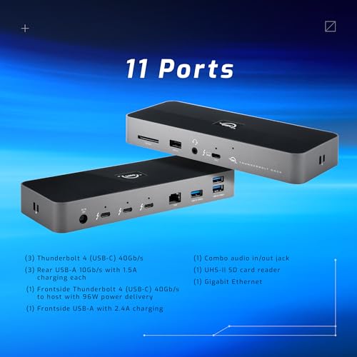 OWC 11-Port Thunderbolt Dock for Mac/PC with 96W PD and 3X Thunderbolt 4 | Thunderbolt 4 dock, 40Gb/s, 96W charging, 3x Thunderbolt 4, 3x USB A 10Gb/s, USB 2.0, 1GbE, SD UHS-II, 3.5mm audio - size: DOCK, style: Thunderbolt 4