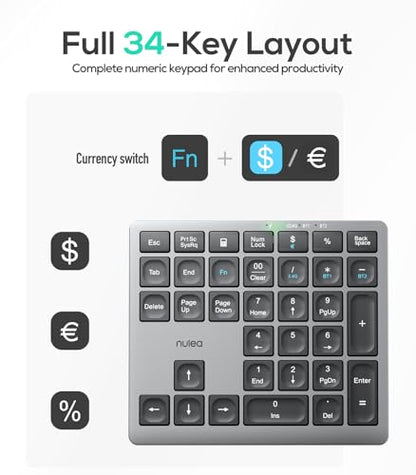 Nulea Wireless Number Pad Bluetooth 5.0 & 2.4G Portable Numeric Keyboard, USB-C Rechargeable, 34-Keys Bluetooth Keyboard for Data Entry, Compatible for Laptop, Mac, iMac, Tablet, PC Desktop | 34 Key Numeric Keypad with USB-C Charging, Portable Slim Design