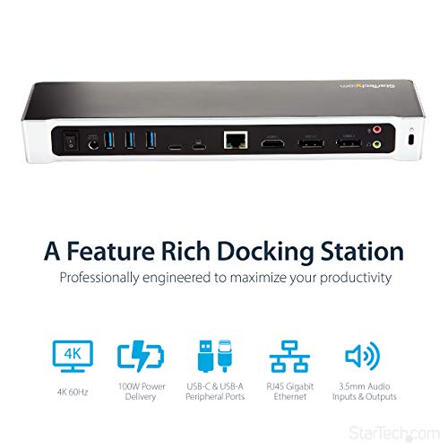 StarTech USB-C Triple 4K DisplayLink Dock, HDMI DP, Mac & Win, 100W, TAA | Universal, 5Gbps hub, Gigabit Ethernet, audio, K-slot, for Windows, macOS, Ubuntu and ChromeOS, 3.3ft (1m) host cable - size: 1.3" x 3.2" x 10.6" x 10.6", style: 100W Power Deliver