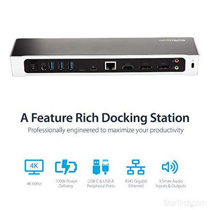 StarTech USB-C Triple 4K DisplayLink Dock, HDMI DP, Mac & Win, 100W, TAA | Universal, 5Gbps hub, Gigabit Ethernet, audio, K-slot, for Windows, macOS, Ubuntu and ChromeOS, 3.3ft (1m) host cable - size: 1.3" x 3.2" x 10.6" x 10.6", style: 100W Power Deliver
