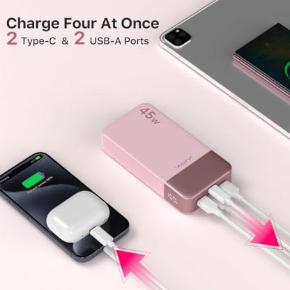 JUOVI Portable Charger 45W 20000mAh Fasting Charging Power Bank | USB C Portable Phone Charger, Battery Pack with PD 3.0 & QC 4.0 for Samsung S26/25/24 iPhone 17/16/15/14/13 Series - color: Pink
