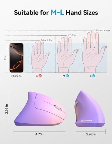 TECKNET Ergonomic Mouse Rechargeable Bluetooth - 4800 DPI Vertical Mice 6 Adjustable Levels, Wireless Optical Carpal Tunnel Mouse Right Hand, Multi Device for Laptop, PC, Computer - Pink Purple - color: Pink Purple