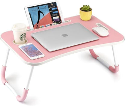 FISYOD Foldable Laptop Table, Portable Lap Desk Bed Table Tray, Laptop Stand with Cup Holder & Tablet Slot & Lifting Handle for Working Writing Drawing & Eating (Light Pink) - color: Light Pink
