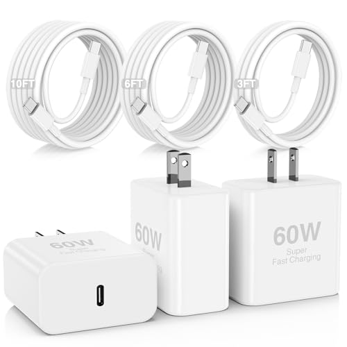 60W USB C Quick Wall Charger Block for Galaxy S26 Android Phones, 3Pack Super Fast Charger Adapter with Bulk 3/6/10FT Long USB C Charging Cable Cords for Samsung Galaxy S26+/S25/S24/S23 Ultra - color: White, size: 60w(3+6+10)ft