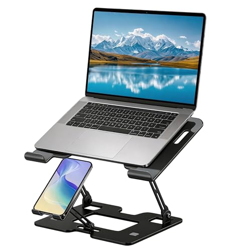 Ergonomic Adjustable 2-in-1 Laptop Stand with Phone Holder, Laptop Riser for Desk, Computer Stand for Laptop, Sturdy and Portable Stand, Compatible with Most Laptops and Phones (Black) - color: Black, size: 2-in-1
