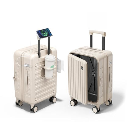 Expandable Lightweight PC Hard Shell Suitcase, 24-inch Luggage with TSA Lock, Top Opening & Cup Holder - Ideal for Business Travel Suitcase (Beige, Checked-Medium 24-Inch) - color: Beige, size: Checked-Medium 24-Inch
