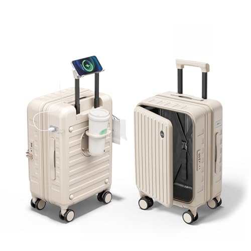 Expandable Lightweight PC Hard Shell Suitcase, 24-inch Luggage with TSA Lock, Top Opening & Cup Holder - Ideal for Business Travel Suitcase (Beige, Checked-Medium 24-Inch) - color: Beige, size: Checked-Medium 24-Inch