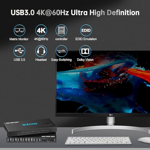 4K@60Hz HDMI 2.0 KVM Switch 4x1 for 4PC Share 2 Displays and 4 USB 3.0 Ports SPDIF L/R Audio,Copy/Extended Mod compatibile with Windows, Unix and Mac OS X