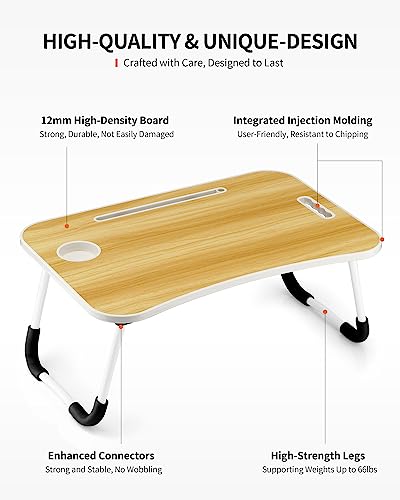 FISYOD Foldable Laptop Table, Portable Lap Desk Bed Table Tray, Laptop Stand with Cup Holder & Tablet Slot & Lifting Handle for Working Writing Drawing & Eating (Wood) - color: Wood