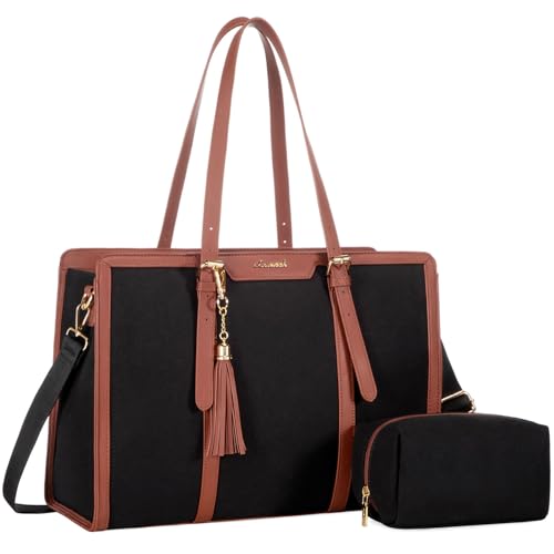 LOVEVOOK Laptop Bag for Women 15.6 inch Lightweight Canvas Laptop Tote Bag, Large Capacity Computer bag with Clutch Purse for Business, Work, Office, Travel, School（Black & Brown，15.6 Inch） - color: Black&brown, size: 15.6 Inch