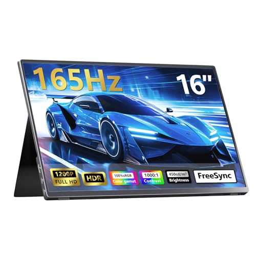 16 Inch Portable Monitor for Laptop and Gaming, 165Hz 450 Nit 100% sRGB | External Second Screen with Stand, HDMI Type-C, Compatiable Mac Xbox PS5, Eye Care, Ultra-Slim Aluminum Alloy Body
