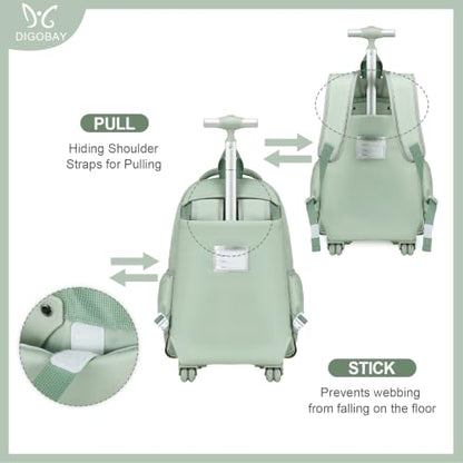 DIGOBAY Rolling Backpack for Girls, Roller Bag with Lunch Box Pencil case | Kawaii Girls Roller Backpack With Wheels School Bookbag With Cute Pins for Elementary Middle School, Green - color: Green