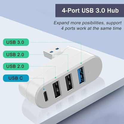 4-Port USB 3.0 Hub [90/180 Rotatable], USB Splitter with 3 USB Ports & 1 USB C Power/Data Port, USB Extender for Laptops, Cars, iMac, MacBook Air, MacBook Pro