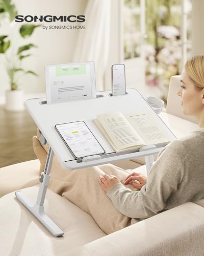 SONGMICS Bed Laptop Desk, Foldable Bed Desk for Laptop, 15.7 x 22 Inches Large Desktop, 120° Stepless Tilt, Adjustable Height, Cup Holder, Tray, Portable Sofa Table, White ULLD113WB01 - color: White
