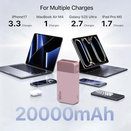 NOBIS Portable Charger 20000mAh 90W Laptop Power Bank | 2C+2A USB-C Fast Charging Battery Pack with LED Display for Laptops, Tablets, Steam Deck & Phones - color: Pink