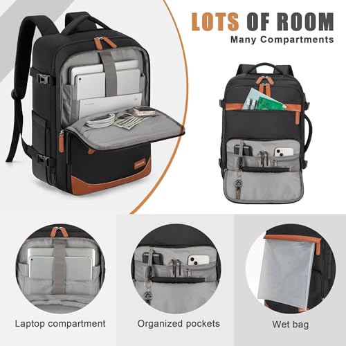 40L Travel Backpack, Flight Approved Carry On Laptop Backpack | Water-resistant, Personal Item Travel Bag, Fits 15.6/17.3 inch Laptop, Hiking, Camping, Business, Commute, Men & Women - color: Black, size: Large