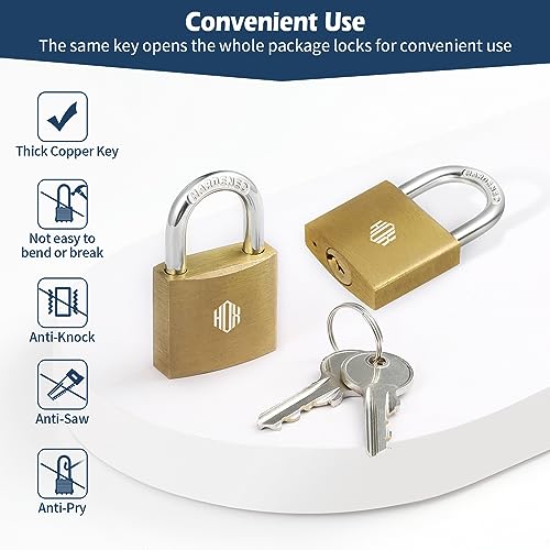 HOX 6-Pack Keyed Padlock, Waterproof and Rustproof, Solid Brass Lock with 1-1/4" Wide Body, Padlock with Keys for Storage Unit, Sheds, Garages and Fence - size: 6 Pack