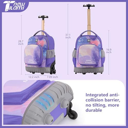 NEW TILAMI 16 Inch Rolling Backpack with Lunch Bag for Girls Boys School | 6-Wheel Stair-Climbing Girls Boys Carry-on Suitcase Water-Resistant Adjustable Trolley Handle Wheels School Travel Camping - color: Purple Watercolor
