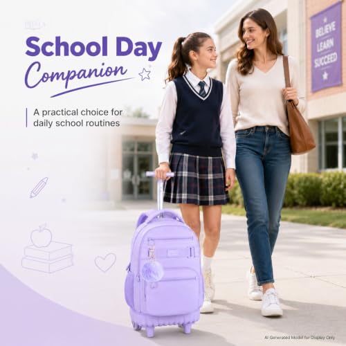 3Pcs Rolling Backpack for Girls Women, 19 Inche School Roller Backpacks with Wheels, Adults Wheeled Bookbag with Lunch Box(Purple) - color: Classic Purple