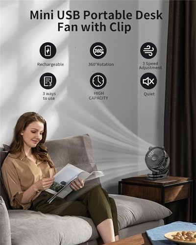 GOTOTO Clip on Fan, Rechargeable Portable Personal Small Fan with 2000mAh Battery Operated, Powerful Clip Design, 3 Wind Speed, 360° Rotation, Ultra-Low Noise Level for Travel - color: BLACK