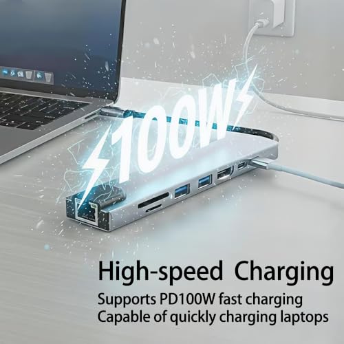 USB C Hub 8 in 1 for MacBook Air/Pro – 4K HDMI, Ethernet, 100W PD, USB 3.0, SD/TF Card Reader – Slim Aluminum Type C Adapter for Laptop (No Driver Needed)