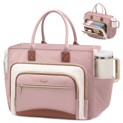 LOVEVOOK Work Tote Bags for Women,Laptop Teacher Bag With File Organizer | Large Cup Holder,Teacher Tote Bag,Nurse Bags,Multi-Pockets Professional Briefcase Business Purses Handbag - color: Pink-white-brown, size: 15.6 inch