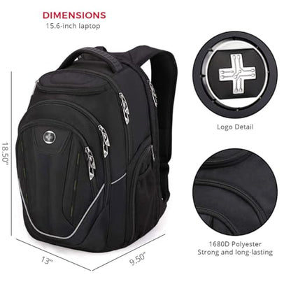 Swissdigital Design Large Travel Backpack For Men, TSA-Friendly Business Laptop Backpack, USB Charging Port，RFID Protection Tech Backpack Fits 15.6Inch Laptop Black/Green | J16BTF-21 - color: Black/Green
