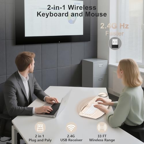Wireless Keyboard and Mouse Combo, 2.4G Full Size Wave Keys Ergonomic Keyboard with Wrist Rest, Phone Holder, 3-Level DPI Wireless Silent Mouse with 6-Buttons, for Windows (Milk Tea-B) - color: Milk Tea-B
