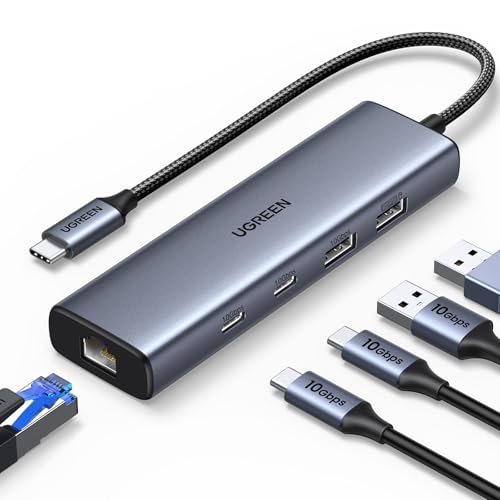 UGREEN USB C to Ethernet Adapter, 10Gbps Data Port 6-in-1 Hub Ethernet with 2*USB-C 3.2, USB-A 3.2/2.0, Gigabit RJ45, Power Port (Only for Adapter), Type C to Network Dongle for Laptop, MacBook, XPS | 2*USB-C 3.2, USB-A 3.2/2.0, Gigabit RJ45, Power Port (