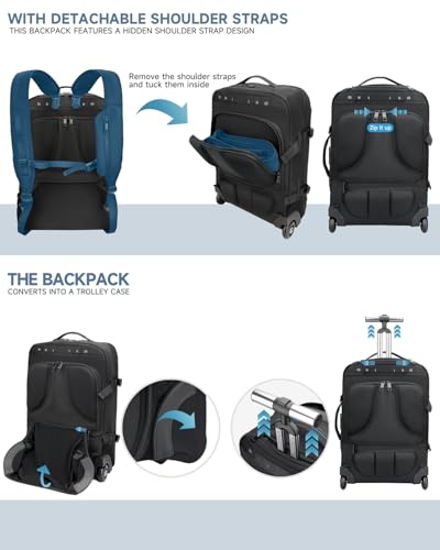 Carry on Backpack with Wheels, Rolling Backpack | Dry-Wet Pocket, TSA Lock, Laptop Compartment, Water-Resistant for Men Women, 3-Piece Set-Includes Toiletry & Storage Bag - color: Black-two