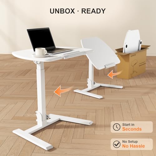 ROMOON Foldable Standing Desk with Wheels: No-Assembly, Height Adjustable | Rolling Laptop Cart with Tilt Top, Collapsible Mobile Workstation for Home Office, Sofa, Bedroom and Small Spaces, White - color: White