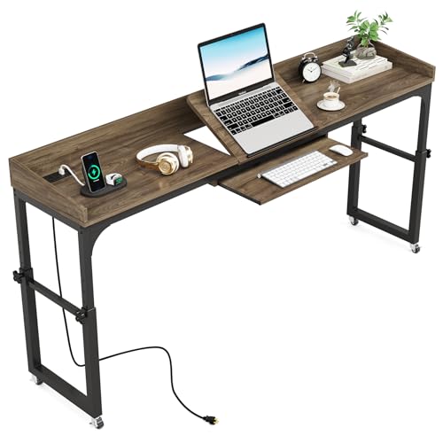Tribesigns Height Adjustable Overbed Table with Wheels, Queen Size Over Bed Desk with Adjustable Tilt Stand, Mobile Laptop Cart Computer Desk with Outlets & USB Ports (Dark Gray) - color: Dark Gray