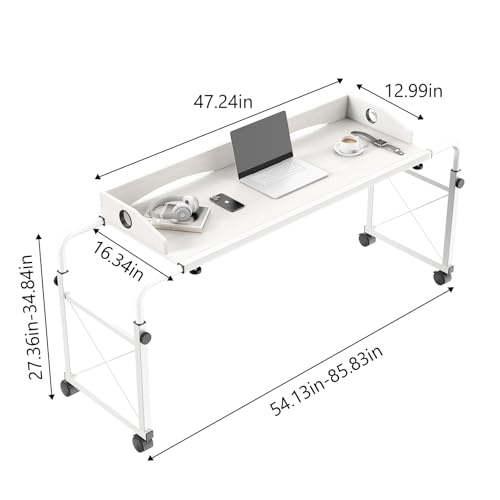 Overbed Table with Wheels, Adjustable Queen Size Bed Desk, White | Fits Twin To King Beds, Adjustable Height & Length Rolling Over Bed Table For Hospital and Home, with 4 Locking Casters - color: White