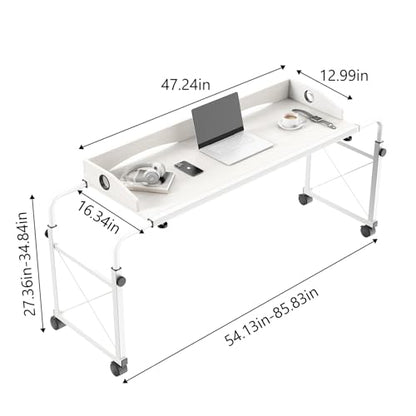 Overbed Table with Wheels, Adjustable Queen Size Bed Desk, White | Fits Twin To King Beds, Adjustable Height & Length Rolling Over Bed Table For Hospital and Home, with 4 Locking Casters - color: White
