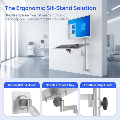 Monitor & Keyboard Wall Mount, Single Arm Computer Screen Workstation, Full-Motion Articulating Arm, W/Keyboard Tray, for 17-27 Inch Screen, Load Capacity 10kg