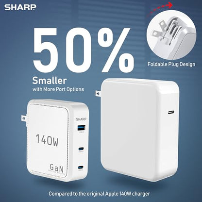 Sharp 140W USB C Charger, Compact Foldable GaN Fast Charge 3-Port (2 USB-C, 1 USB-A) Wall Charger for MacBook Pro/Air, iPad Pro, iPhone 15, Galaxy S22/S21, Dell XPS, White - color: White
