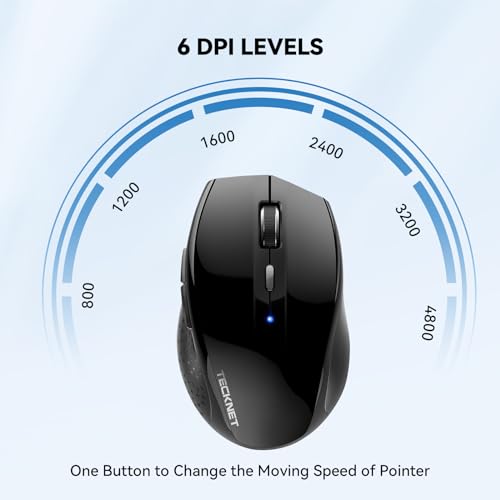 TECKNET Bluetooth Mouse, Wireless Silent 6 Buttons 2-Yr Battery, Black | BT 5.0/3.0, 6-Level DPI to 4800, Wide OS Compatible, Ergonomic for M/L Hands, Extended Battery - color: Black