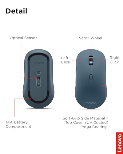 Lenovo Yoga Bluetooth Silent Mouse, 3 Level DPI Adjustment, 36 Month Battery Life, Bluetooth 5.3, 3 Device Paring, Whisper Quiet, Programmable Buttons, Smooth Finish, Tidal Teal - color: Tidal Teal