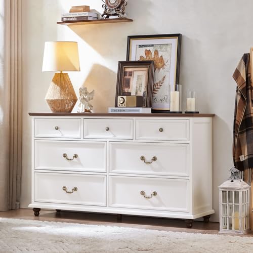 Joaxswe Farmhouse 7 Drawers Dresser for Bedroom, White 54 Inch Wide Chest of Drawers w/ 4 Wooden Legs, Large Vintage Rustic Closet Dressers for Living Room, Wood TV Stand with Storage Organizer - color: White, size: 16"D x 54"W x 32"H (7 Drawers)