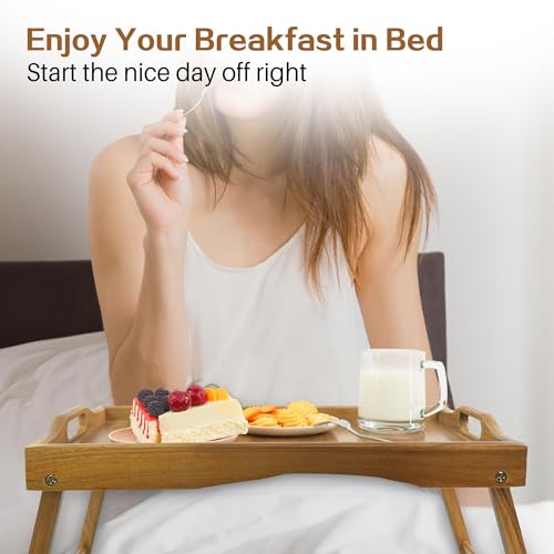 Utoplike Acacia Bed Tray Table for Eating, Large Breakfast Tray with Folding Legs, Wood Serving Trays for Laptop Working - size: Large