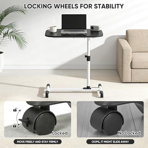 Magshion Tilt Overbed Bedside Table with Wheels, Rolling Laptop Desk w/Height Adjustment from 24" to 36", Sit to Stand Up, Mobile Standing Desk for Hospital Home Office, White Frame - color: White Fram, size: One-Piece Desktop