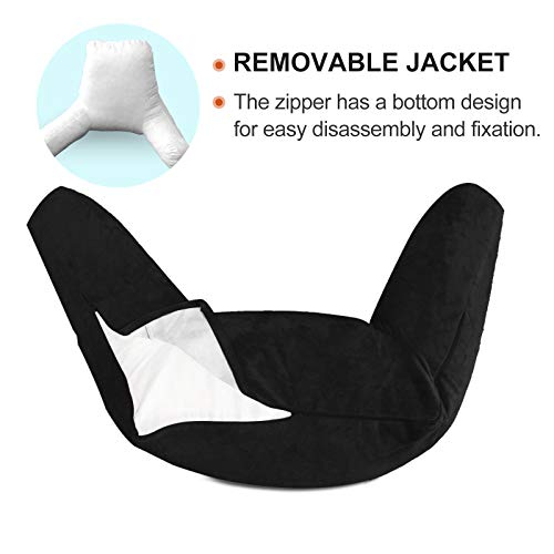 Reading Pillow for Adults Sitting‑Up in Bed, Backrest with Arms | Detachable Neck‑Cushion; Shredded Memory‑Foam; Side Pockets; Washable Velvet Cover; Gaming & TV, Sofa Use - color: Black