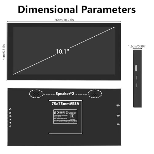 Prechen 10.1 Inch Secondary Mini Monitor,IPS Stretched Bar LCD Travel Display 1540×720 USB-C HDMI Portable Secondary Display with Stand & Speaker, CNC Material for PC Laptop Rasp PI AIDA64, Speaker