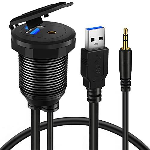 Alloy USB 3.0 AUX DC3.5mm Port Car Mount Flush Cable for Car Boat Motorcycle Dash Panel with LED Indicator - 3ft - style: USB3.0 & DC3.5 3ft