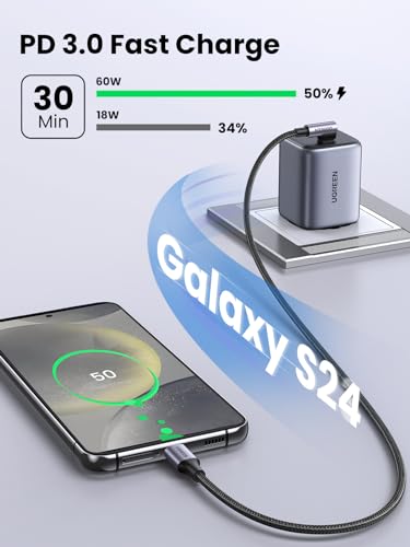 UGREEN 60W Right Angle USB C Cable, Fast Charging Cable, 6.6ft | 90° angled connector for gaming & bedside. For iPhone 17/16/15, MacBook, Galaxy S26/S25, iPad, Pixel, Switch - size: 6.6ft
