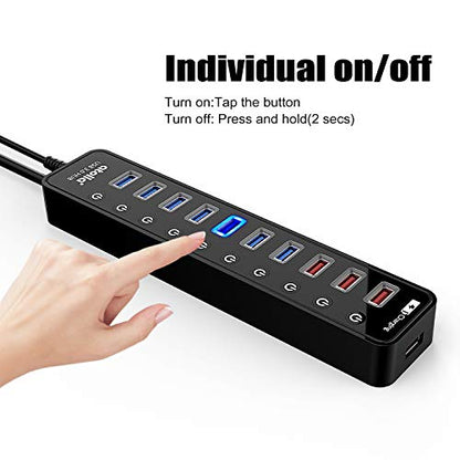 Powered USB 3.0 Hub, USB 3.0 Data Hub 11 Ports - 7 USB 3.0 Data Ports + 4 Smart Charging Port with Individual On/Off Switches and 12V/4A Power Adapter USB Hub 3.0 Splitter