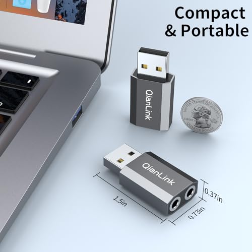 QianLink USB to 3.5mm Audio Adapter (2-Pack),External Stereo Sound Card with Dual TRS 3-Pole 3.5mm Headphone and Microphone Jack for PS4/PS5/PC/Laptop, Built-in Chip Mic-Supported Headphone Adapter