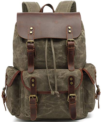 HuaChen Vintage Waxed Canvas Backpack with Genuine Leather Flap, Travel & Work Rucksack, Water-Resistant Daypack with Anti-Theft Pocket, OVERSIZE - M80 Army Green XL - color: Army Green, size: X-Large